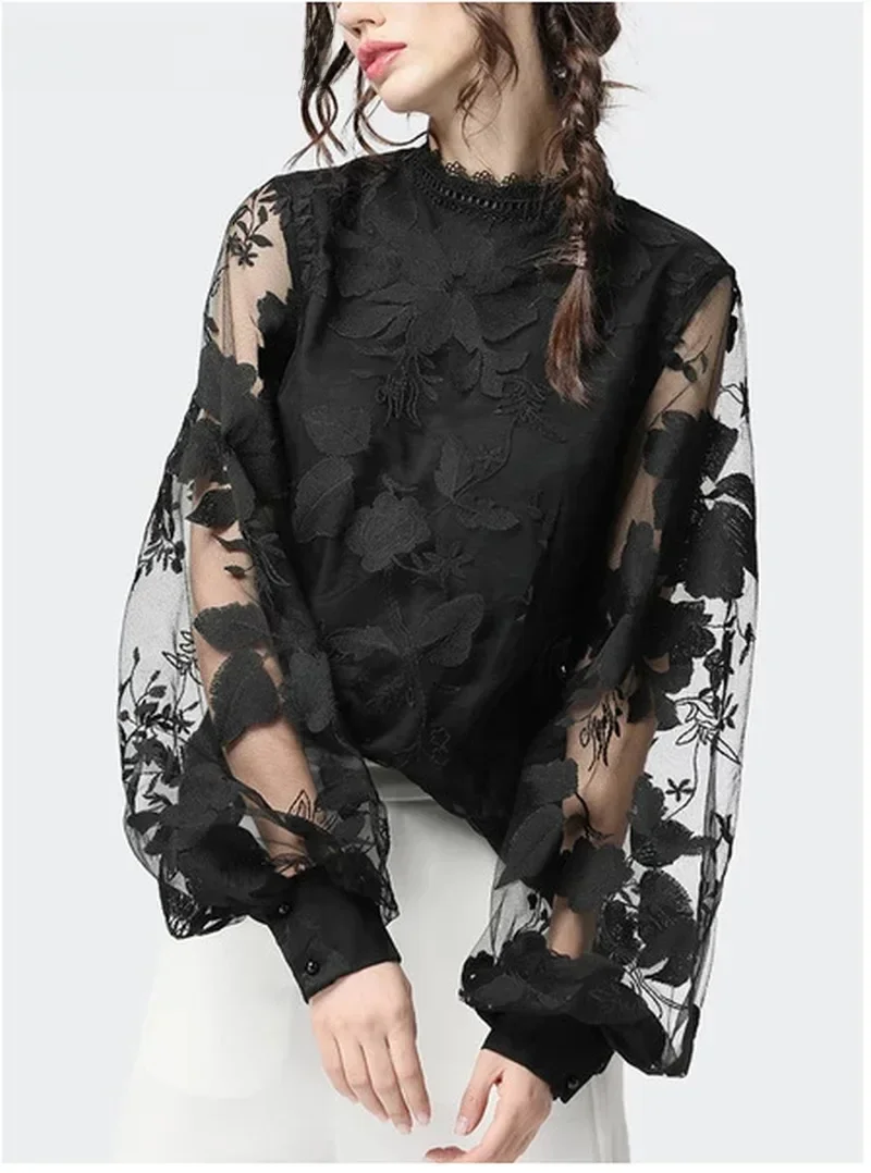 Bluzki damskie wiosna koronkowy patchwork długi bufiasty rękaw eleganckie koszule imprezowe Streetwear Feminino seksowne topy Blusas Mujer Francais — zdjęcie 2