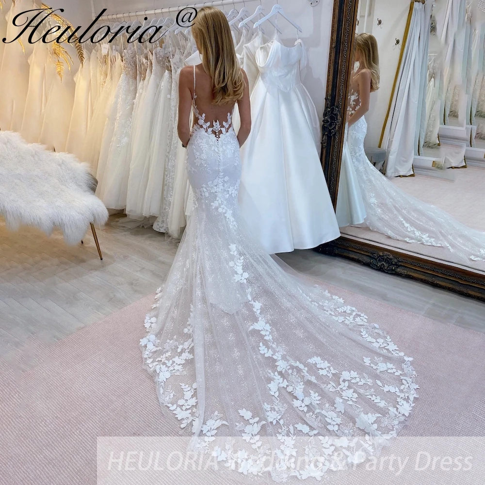 HEULORIA elegantes Meerjungfrau-Hochzeitskleid, Spaghettiträger, Spitzen-Brautkleid mit glitzerndem Glitzer-Tüll, Robe De Mariee-Hochzeitskleid