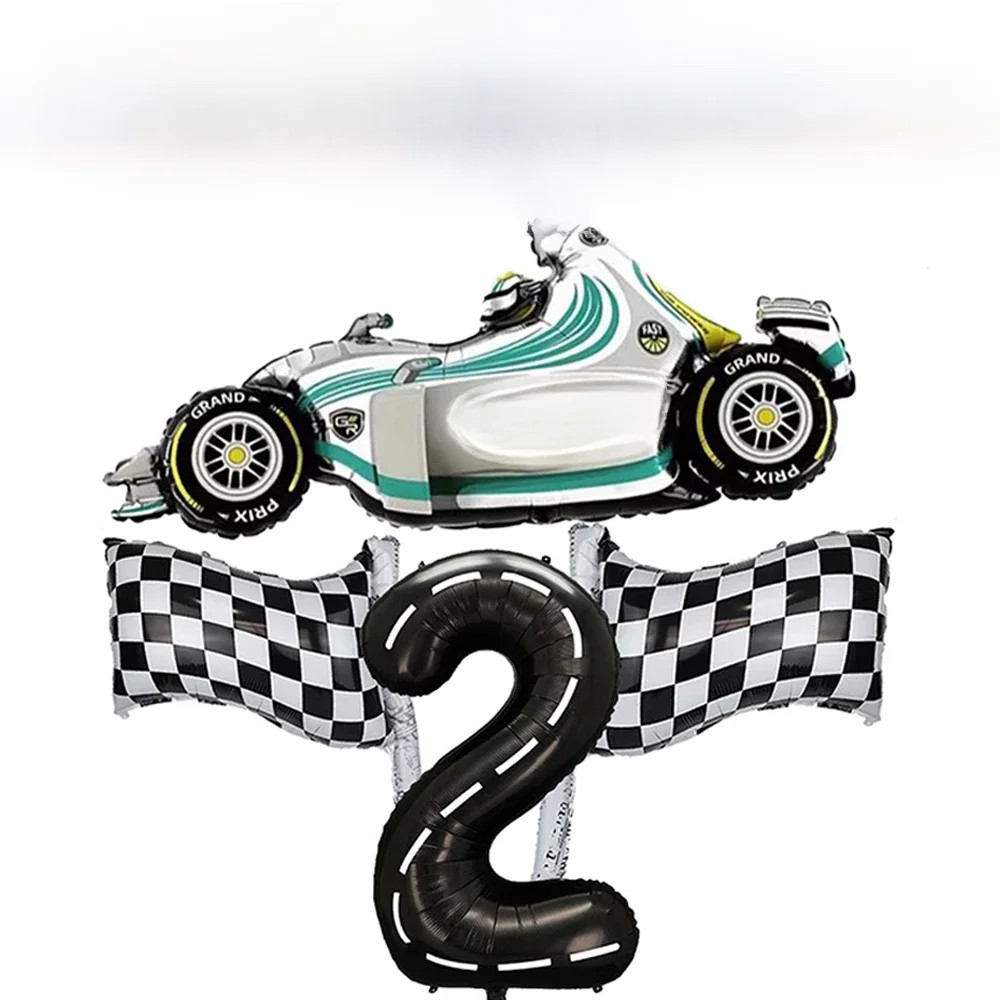 1 ensemble de deux ballons de fête rapide, 2ème thème de voiture de course, bannière de lettres de fête d'anniversaire, ballon numéro de piste, fête de voiture de course