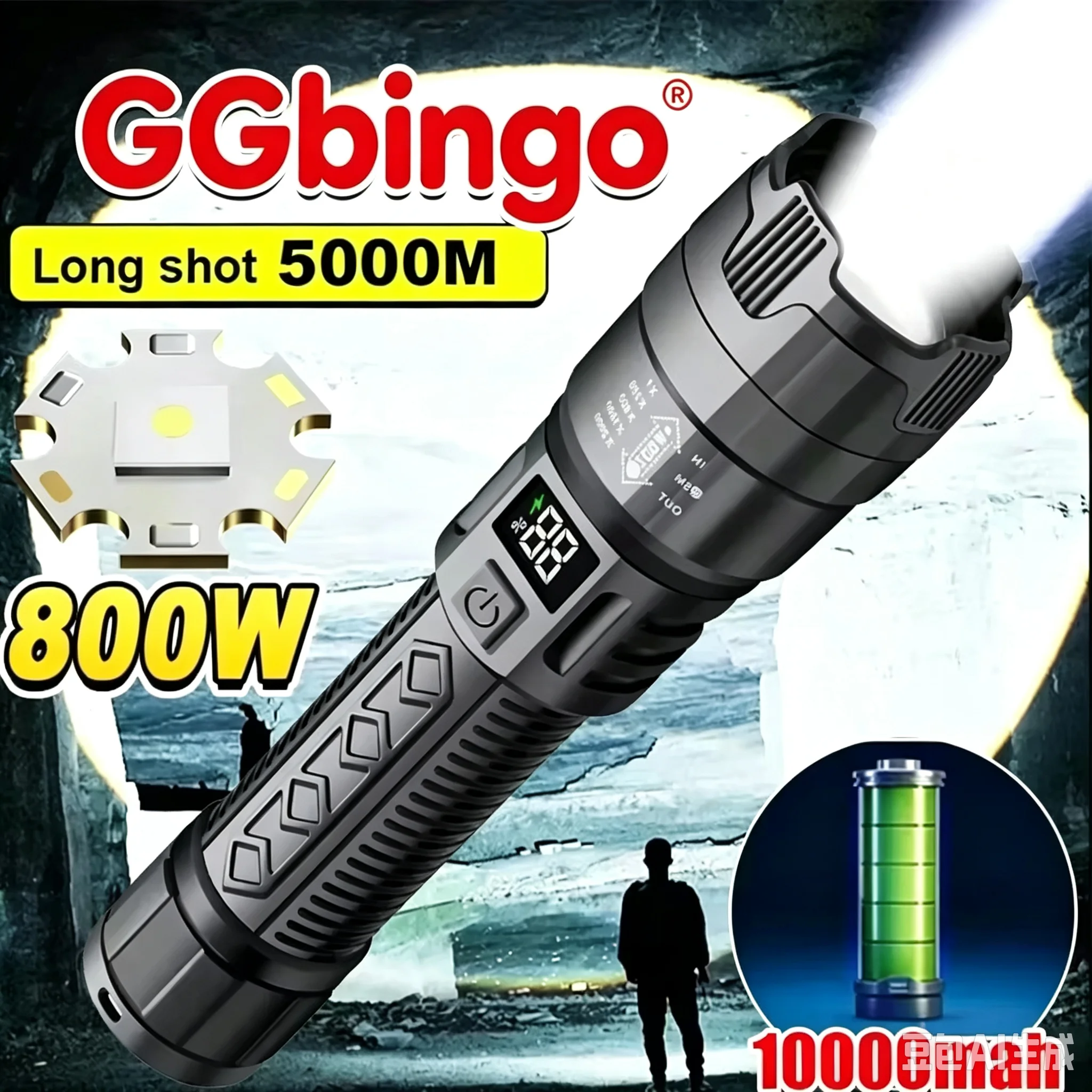Hochstarke LED-Taschenlampen, 2000 lm, taktische Taschenlampe mit Display-Licht, USB-Aufladung, Camping, Angeln, Notfall-Zoom-Laterne