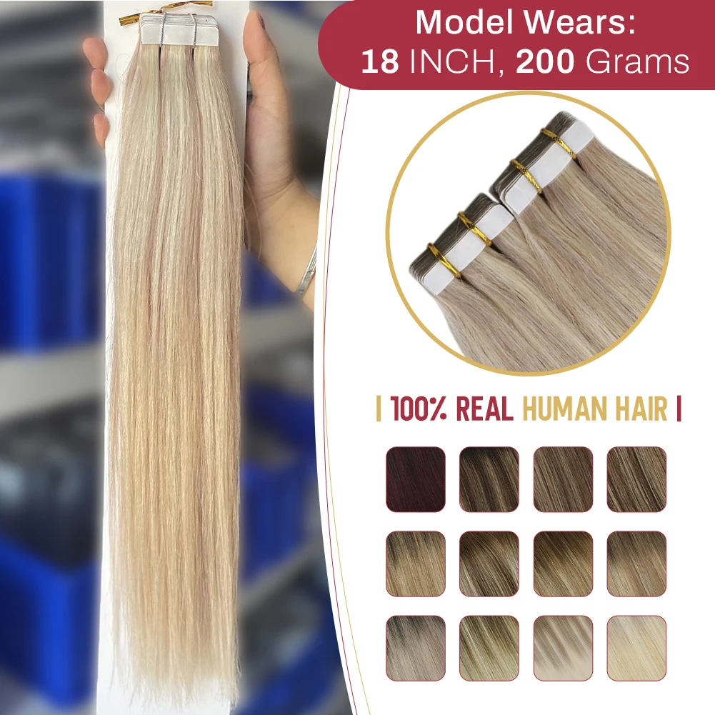 Moresoo doczepy z ludzkich włosów taśma w Remy Ash blond wyróżnij przedłużanie włosów proste jedwabne włosy 100% prawdziwa taśma w ludzkich włosach Moresoo Human Hair Extensions Tape in Remy Ash Blonde Highlight Hair S