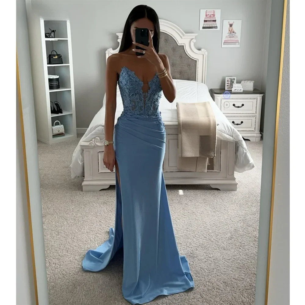 Sansa syrenka sukienka na studniówkę niebieski bez ramiączek Fishtail Vestidos De Noche dostosowane suknie wieczorowe koronkowe haftowane sukienki imprezowe 2024 — zdjęcie 2