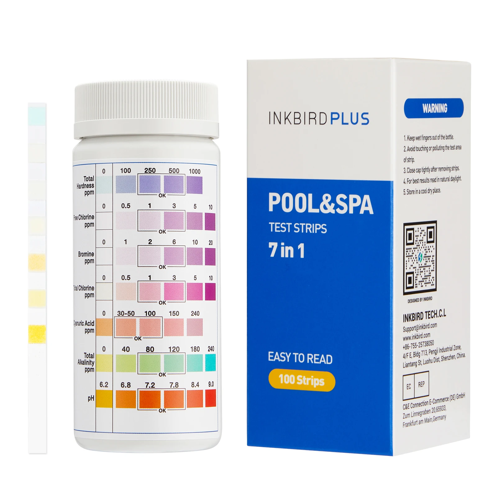 7種類の水質検査用試験紙100枚入り。inkbirdplus製。プールやスパの塩素、臭素、ph、硬度、総アルカリ度、シアヌル酸の検査に使用。