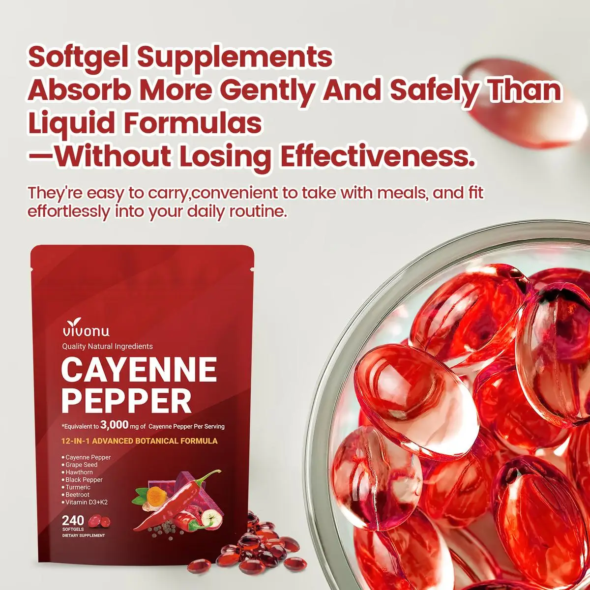 Vivonu Holiday Haul Cayenne Pepper Softgels Supplement 240 Count with Vitamin E D3 K2 & Extracts of Grape Seed Hawthorn Beetroot for Leg Vein Heart Blood Vessel Health - Healthcare - Dietary