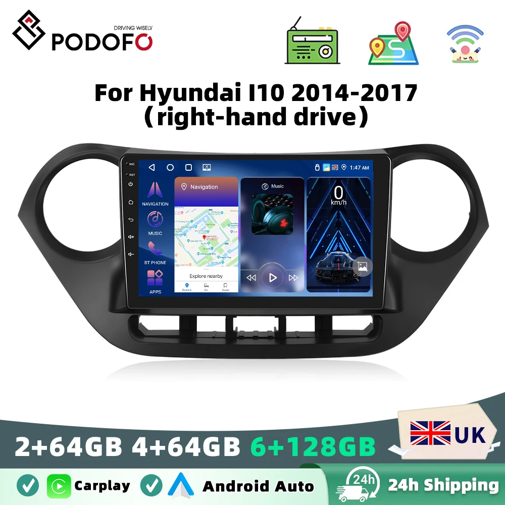 Podofo Android Car Multimidia Player For Hyundai I10 2014-2017 2 Din Auto Radio GPS Navigation Carplay Touch Screen NO DVD