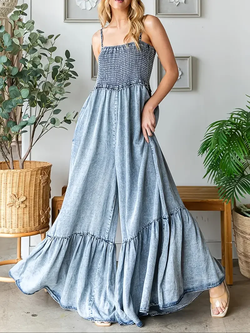 025 Trendy Women's Off-Shoulder Denim Jumpsuit - Smocked Wide Leg, Ruffled Hem Cotton Blend, Casual Chic for Spring/Summer/Fall