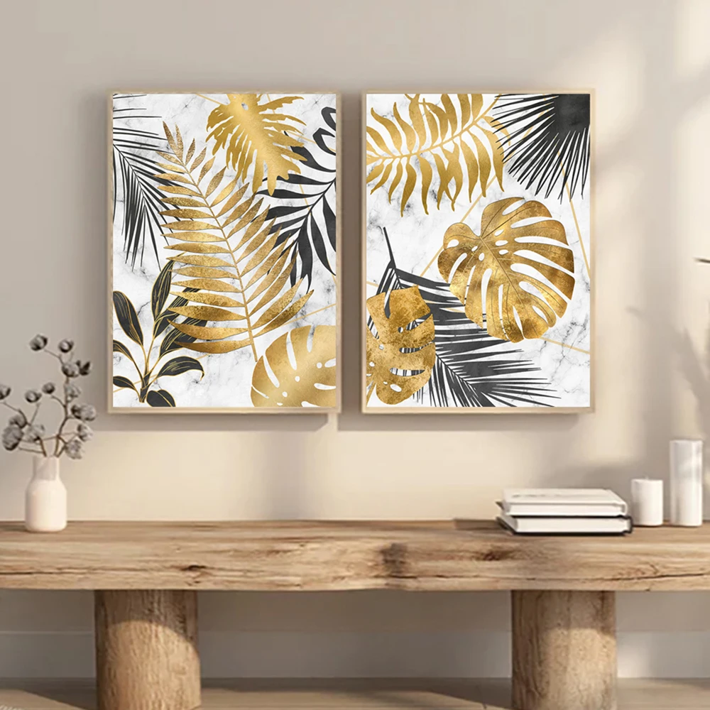 3PCS Frameless Abstract Golden Tropical Monstera Leaf Poster Still Life Pictures Canvas Painting for Living Room Home Wall Decor