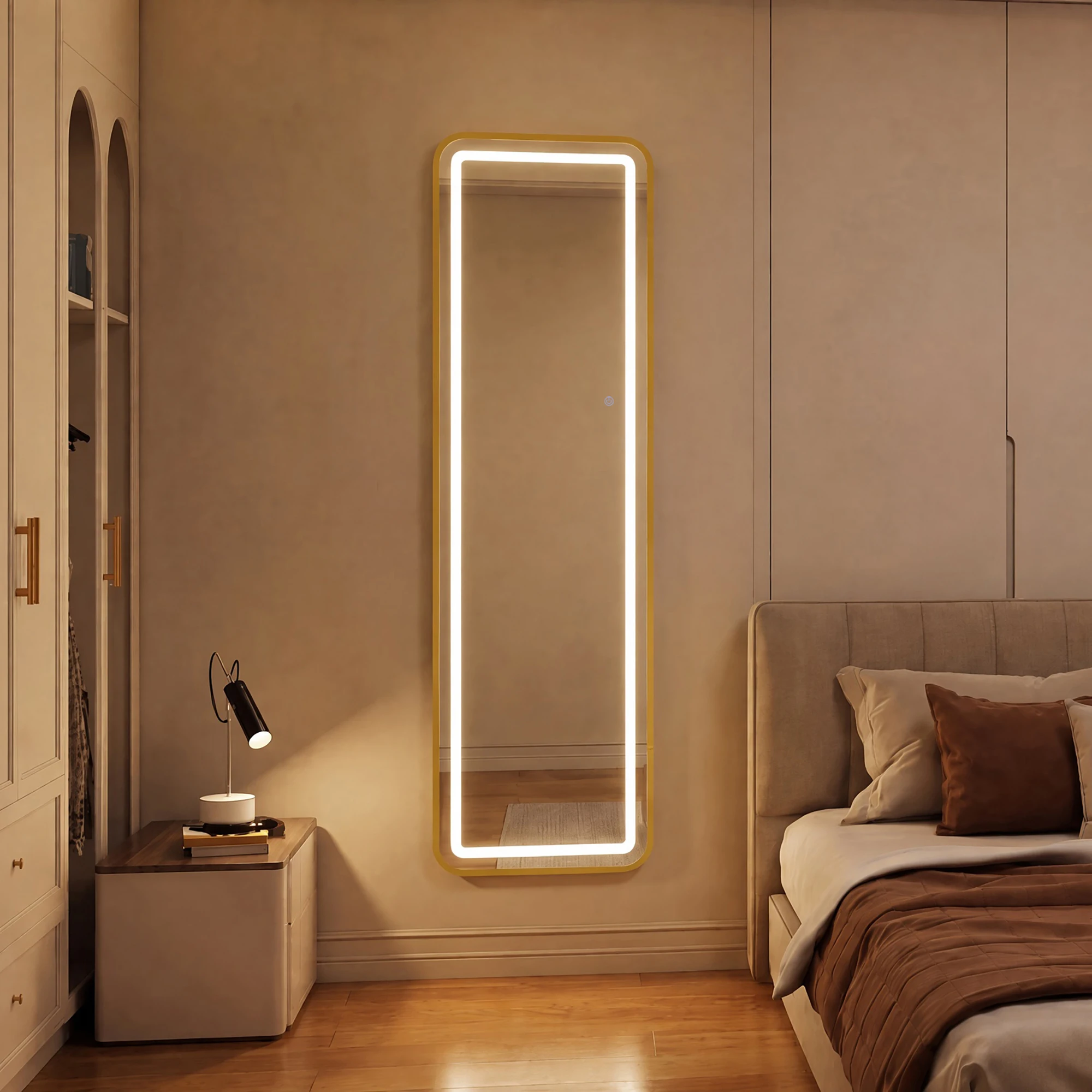 Superaly, specchio a figura intera 150x40 cm, specchio da terra, specchio da trucco, specchio a figura intera in vetro temperato, forma quadrata con bordi arrotondati, colore oro.