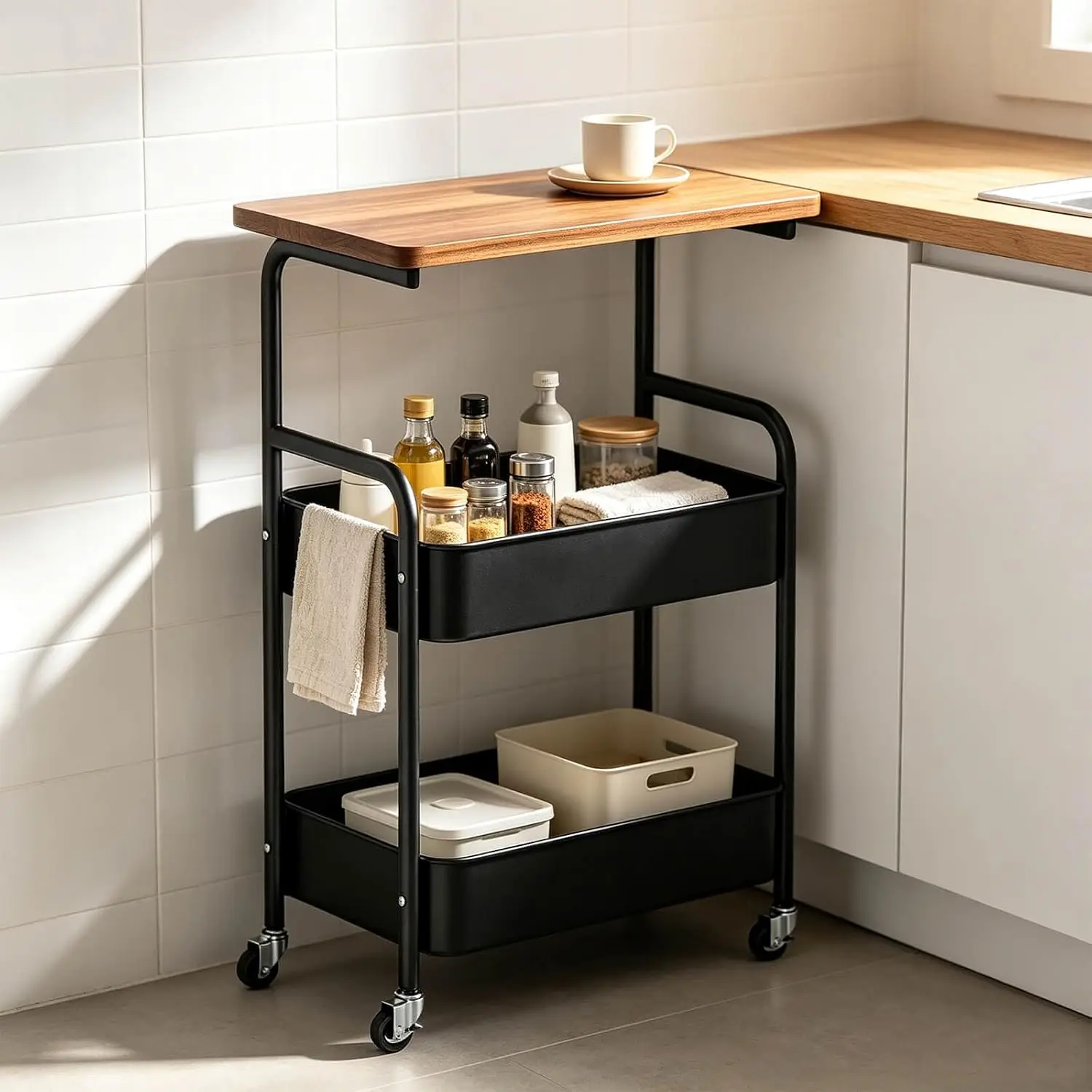 Rolling Kitchen Cart with Wooden Tabletop, 3 Tier Mobile Storage Trolley with Locking Casters, Multi-use Movable Prep Side Table, Metal Organizer Cart for Kitchen Vegetables, Seasonings and Cookware S image 3