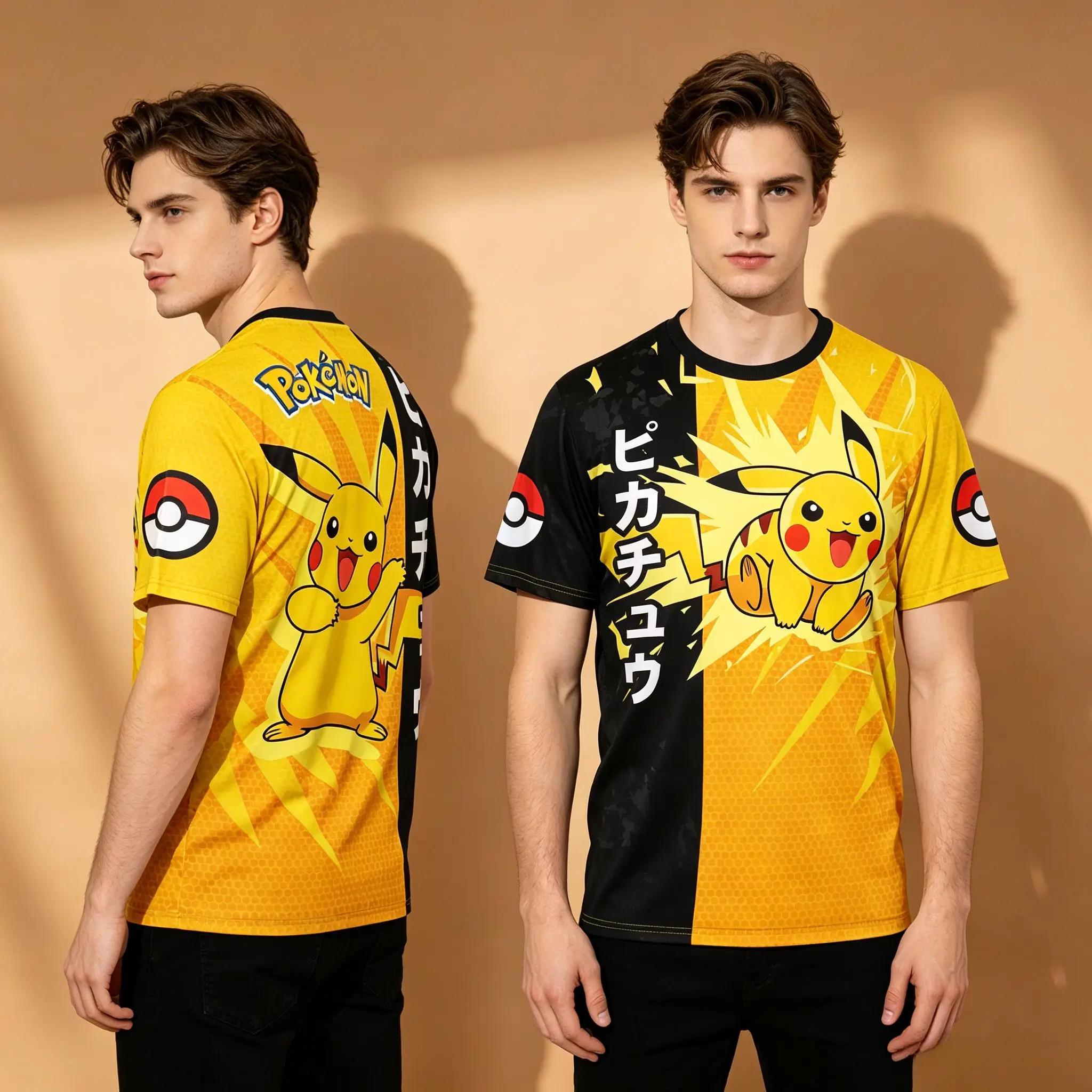 Men's Pokemon Pikachu Split Black Yellow Japanese Pokeball Sleeve Print Crew Neck T-Shirt, Anime Otaku Streetwear Short Sleeve G view 6