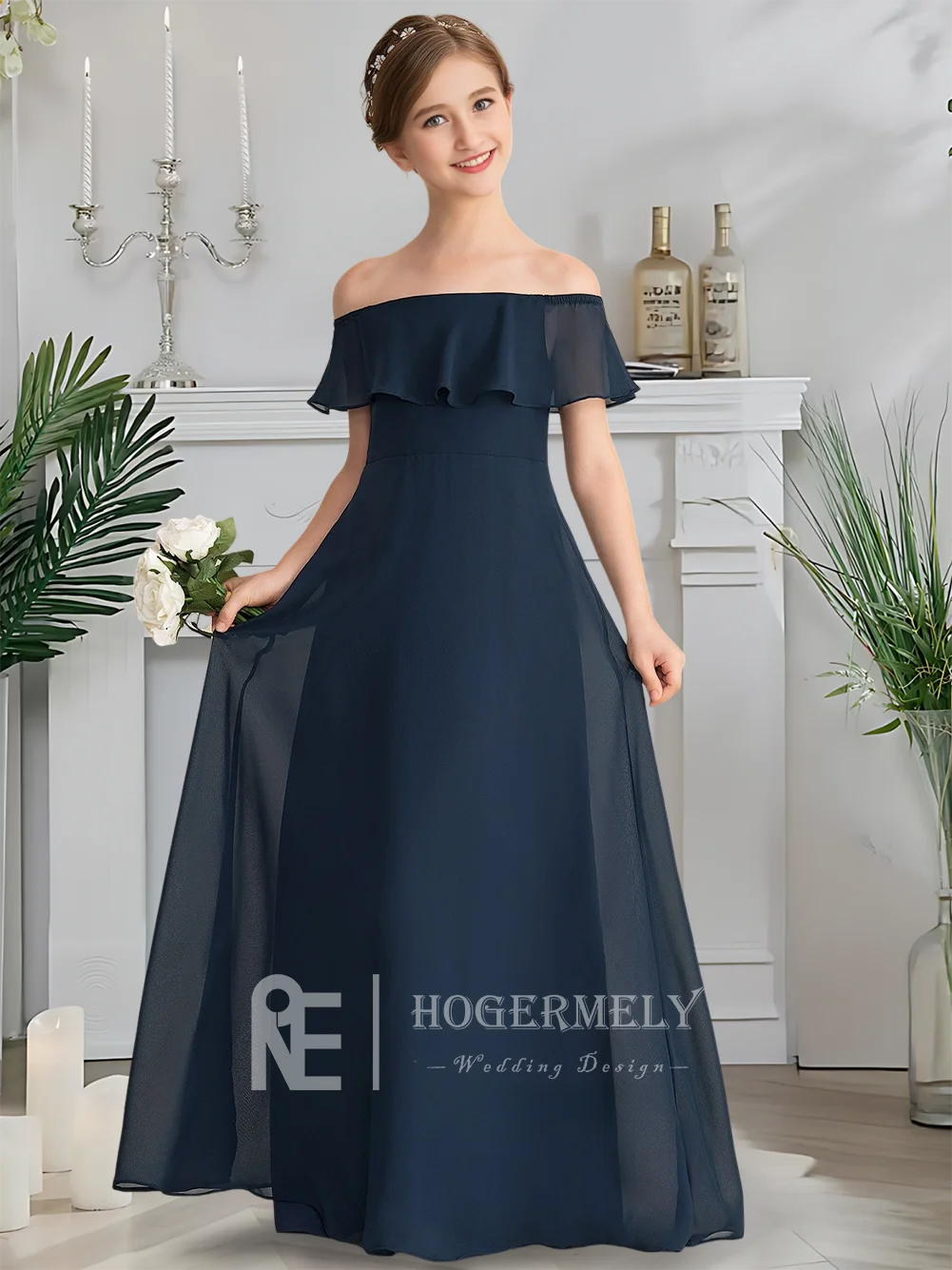 Платье подружки невесты с открытыми плечами, темно-синее платье с цветочным узором для девочек, шифоновое платье длиной до пола с каскадными оборками