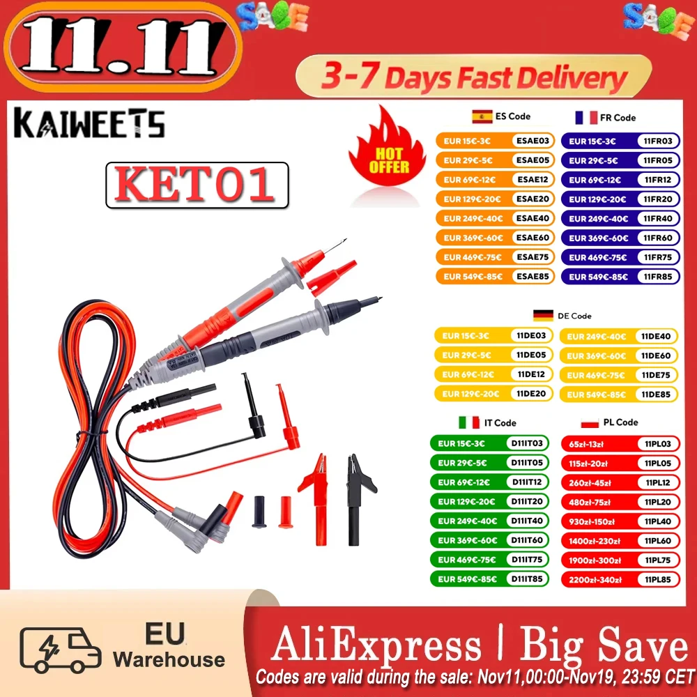 Kaiweets Ket01 Multimeter Test Leads Kit 8 Pieces Test Lead with Alligator Clips Needle Probe Mini-Hooks Cat Iii 100