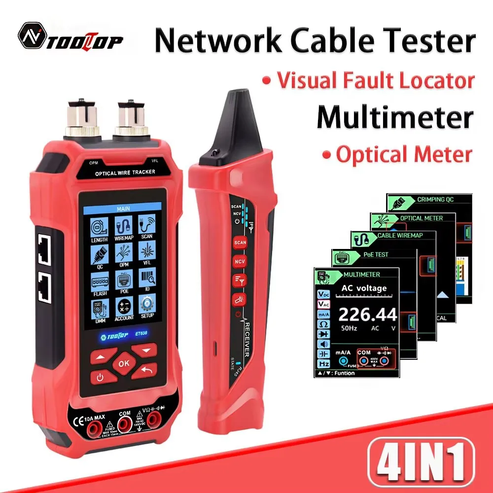 TOOLTOP ET638 Professional Versatile 600M Network Cable Tester POE Multimeter Optical Power Meter Fault Locator Lithium Battery