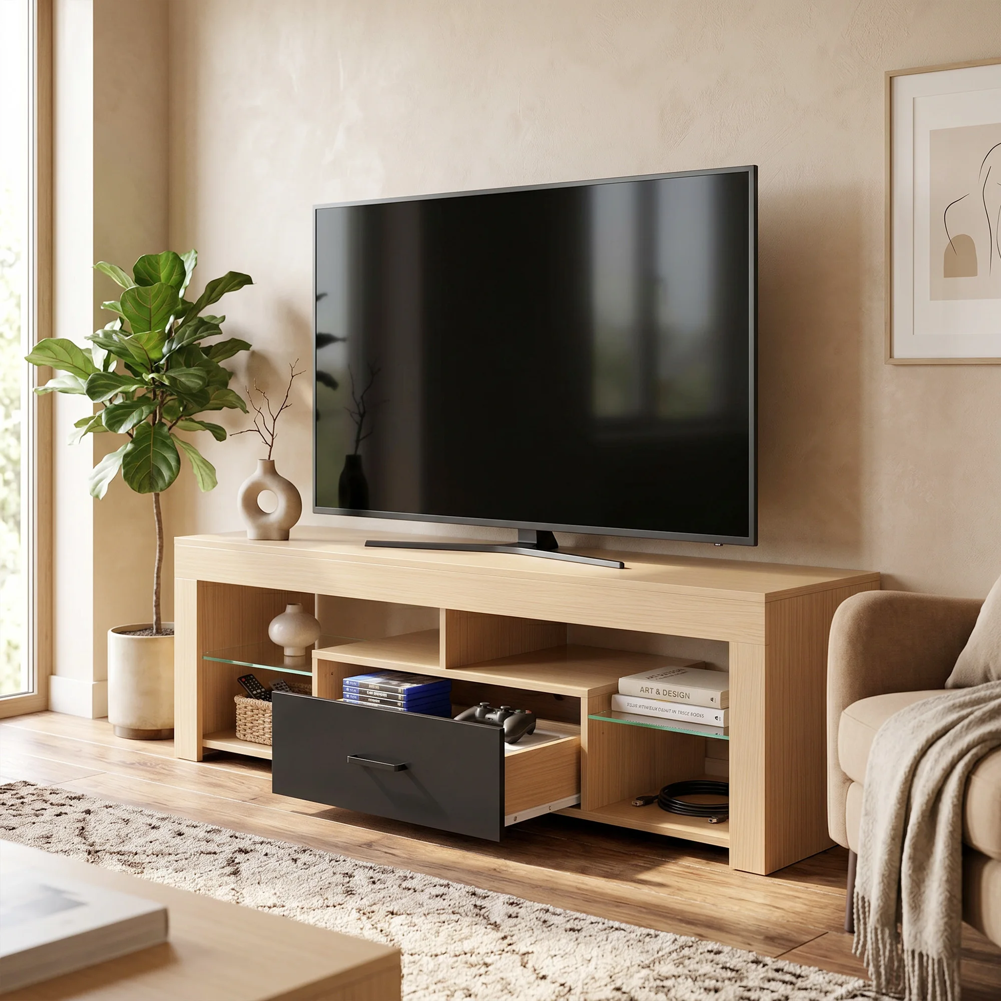 Soporte para TV con efecto madera, estantes de vidrio templado y cajón de almacenamiento, mesa consola multimedia moderna, centro de entretenimiento con exhibición abierta, mueble para TV para sala de estar y dormitorio, mueble para televisión de hasta 55 pulgadas