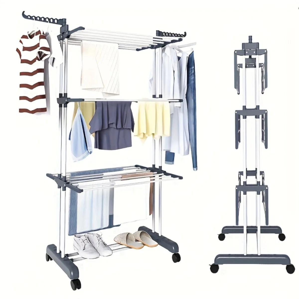Séchoir à linge pliable en métal robuste à 3 niveaux avec roulettes verrouillables - Séchoir autoportant de 171,96 cm de hauteur, 24 barres de séchage, étendoir mobile gain de place pour