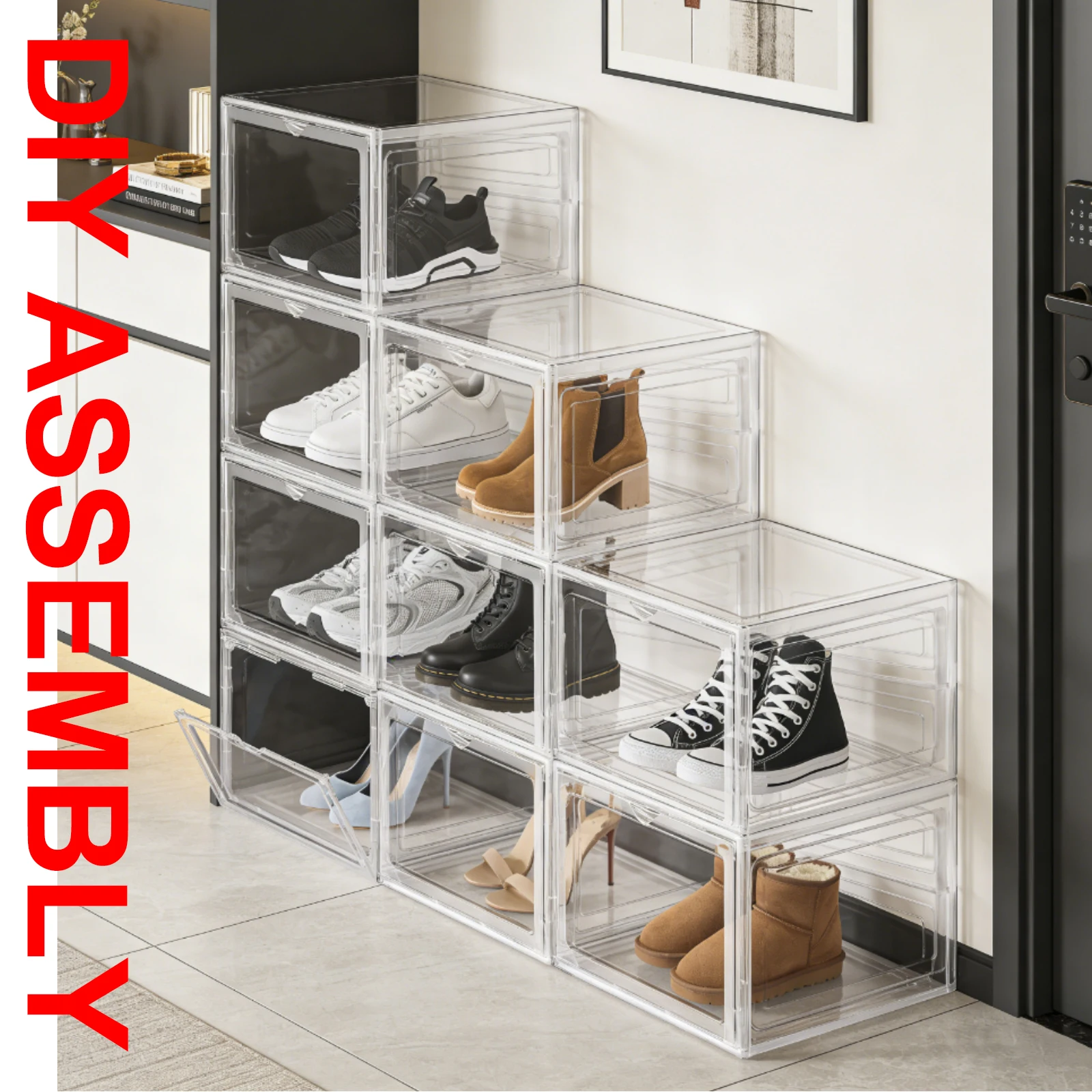 Magnetische Kunststoff-Schuhboxen mit Frontöffnung, transparent, stapelbar, faltbar, Schuhaufbewahrung, Schubladentyp, für Sneaker, Stiefel, High Heels, Container, platzsparend, Schuhschrank-Organizer