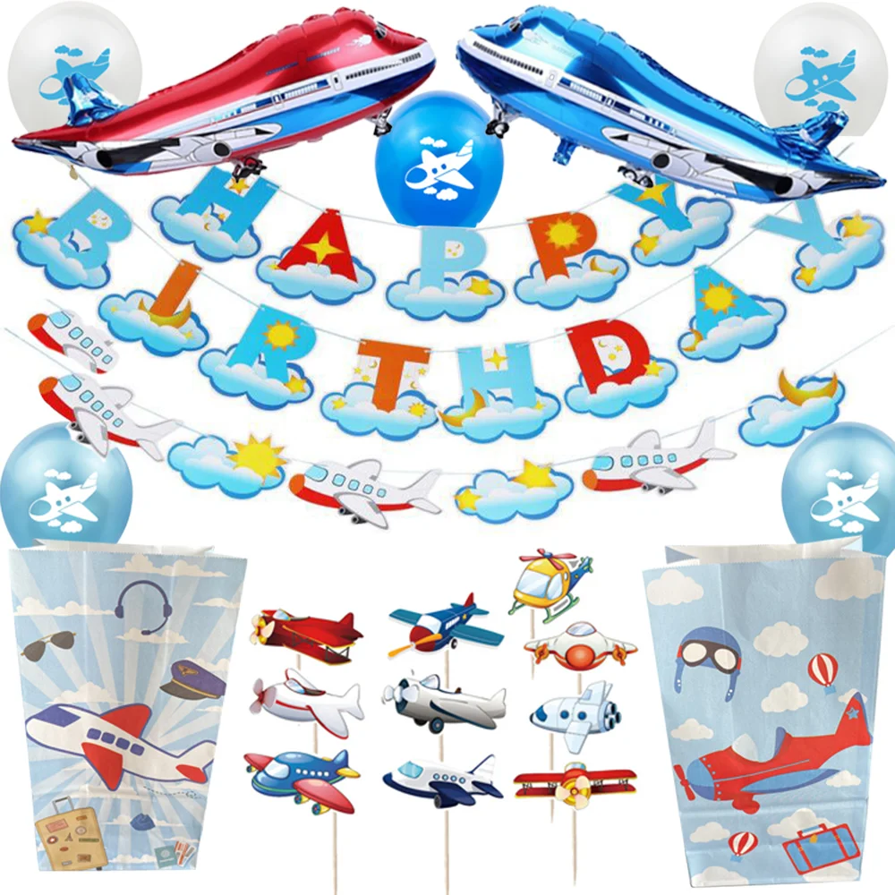 

Airplane Birthday Decorations Balloons Time Flies Sky Theme Cake Topper Banner Plane Cupcake Toppers Gift Treat Bag