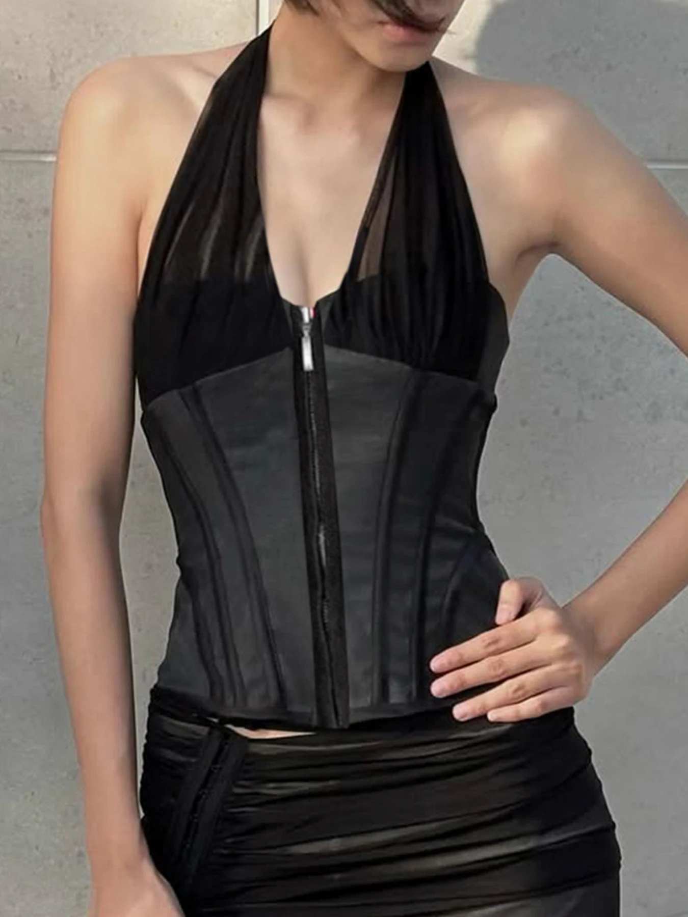 

Rockmore Coquette Sexy Milkmaid Crop Top Zipper Halter Corset Party Backless Bodycon Camisole Fashion Women Retro Streetwear