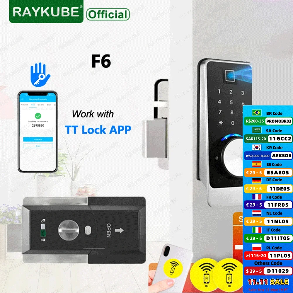 NEW RAYKUBE F6 TT Lock Bluetooth Fingerprint Deadbolt Smart Door Lock Electronic Auto Lock with Password/IC Card/Key/APP Unlock