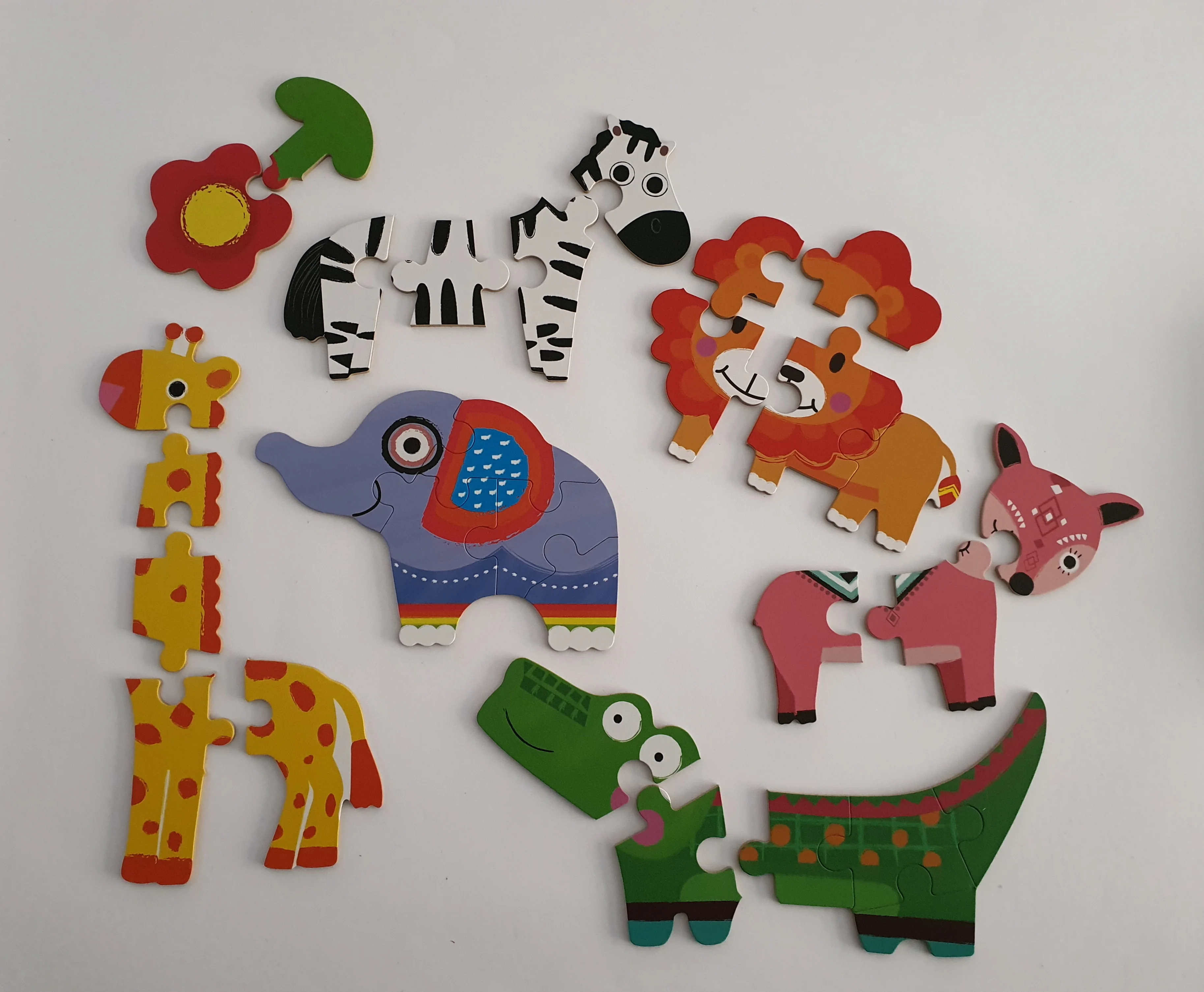 Toys for children 6 in 1 puzzles: animals in the jungle crocodile, elephant, giraffe, Fox, lion and zebra