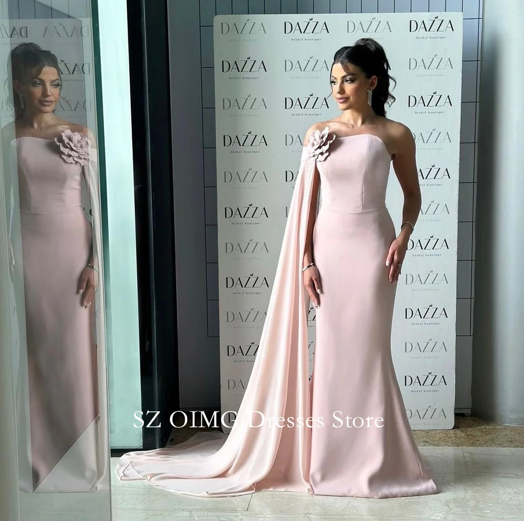 

OIMG Dubai Mordern Style Strapless Prom Dresses Single Cape Mermaid Pink Dress Women Evening Gowns Formal Fitted Party Dress