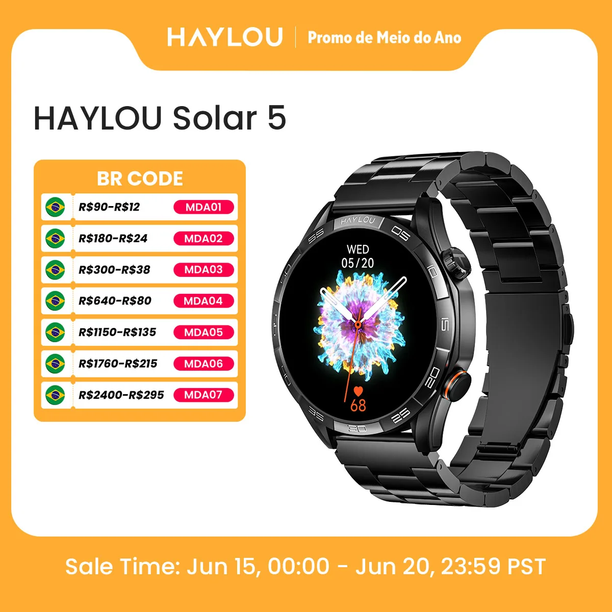 HAYLOU Solar 5 Chamada por Voz Smartwatch 1.58'' AMOLED Display 60Hz Smart Watch 24H Monitoramento de Saúde Smartwatch Esportivo