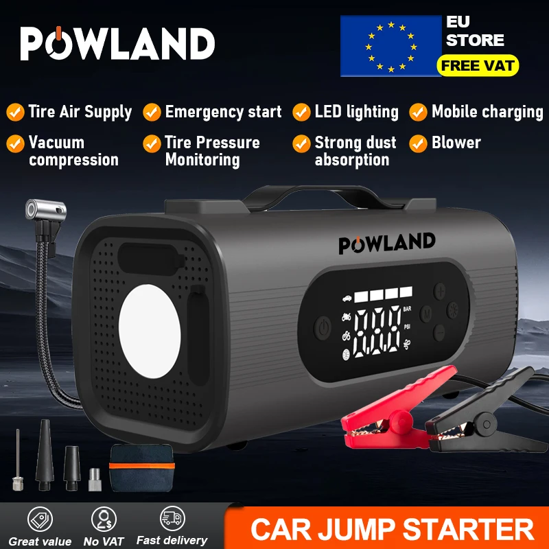 Powland 4000A Car Jump Starter with Air Pump 8 IN 1 Multifunctional Power Bank Car Battery Emergency Boosters Starting Device