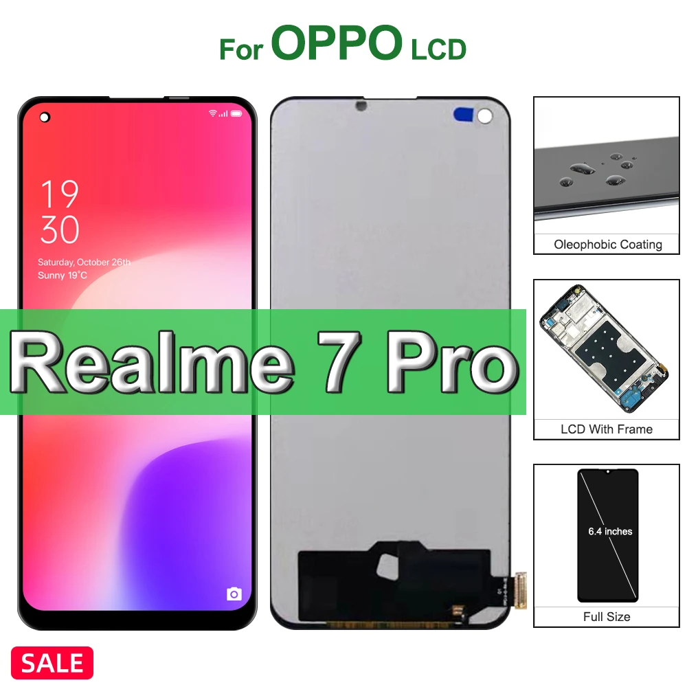 For Realme 7Pro Display Screen, For OPPO Realme 7 Pro RMX2170 Lcd Display Digital Touch Screen with Frame Assembly Replacement