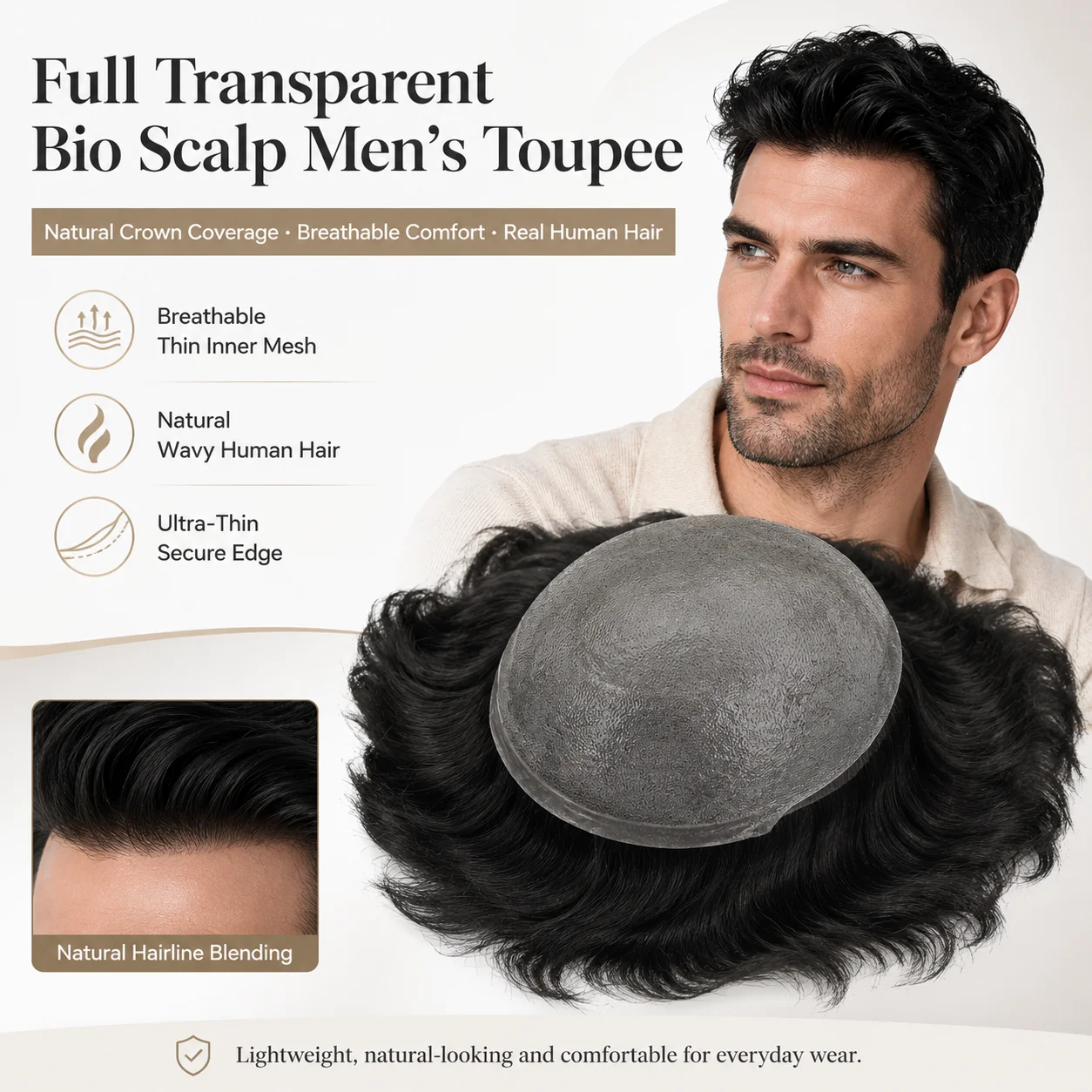 

Beeos TJThinSkinV 6 inches 0.04-0.06mm Thin Skin Men Toupee Human Hair System Men Replacement Systems Hair Piece Human Hair