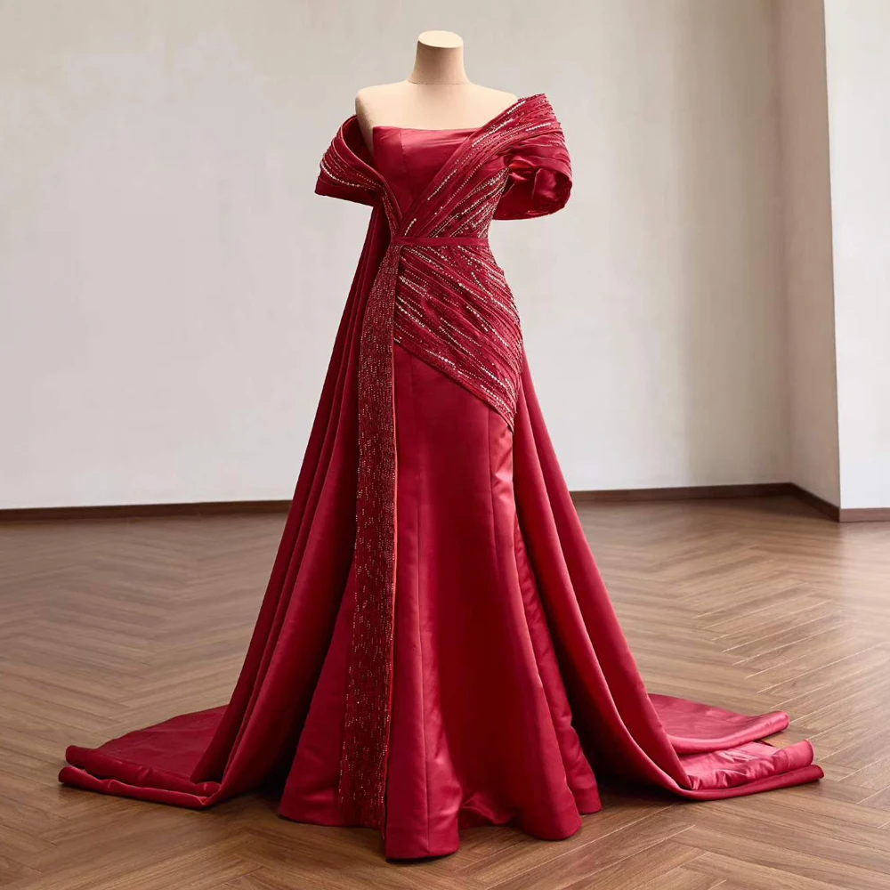 Red Mermaid 2 In1 Evening Dress With Detachable Train Satin Beading Pearl Prom Dress