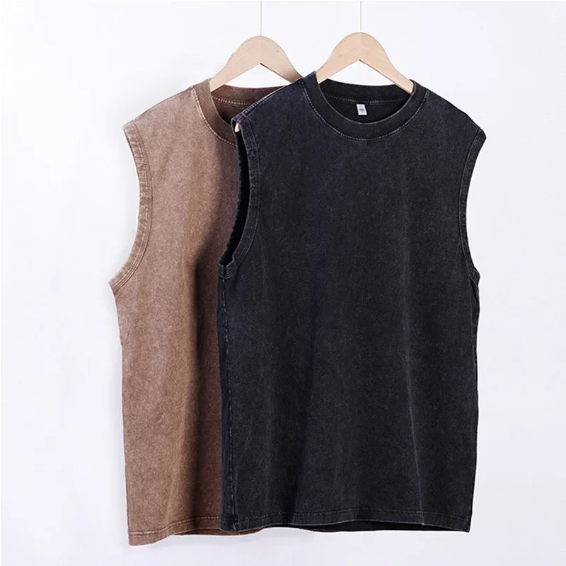 Kamizelka męska Vintage sprana koszulka 100% bawełniane podkoszulki letnie Casual topy bez rękawów Streetwear czarne luźne koszulki damskie — zdjęcie 2