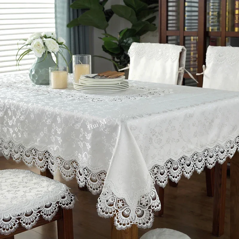 Nappe brodée en satin jacquard crème, couverture de table à manger, dentelle de fleurs, grille anti-poussière de meuble TV, nappe européenne, luxe