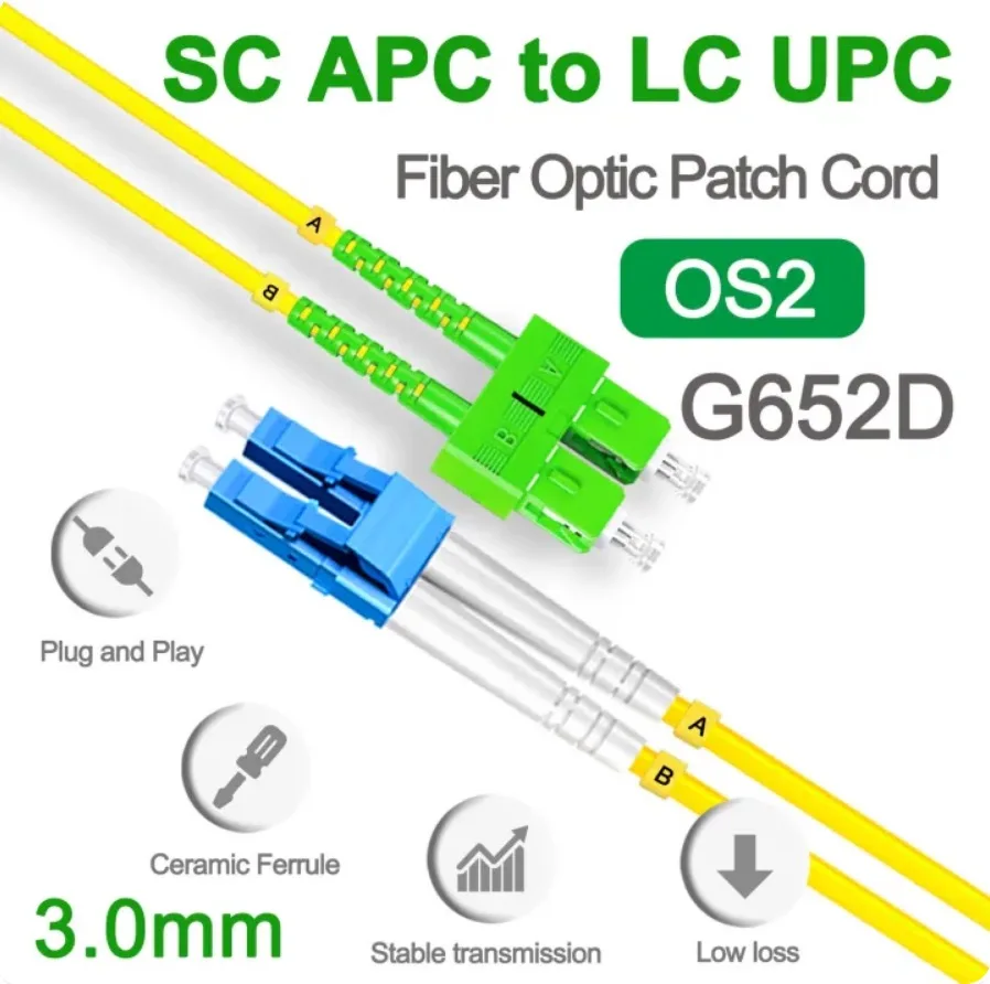 SC APC to LC UPC Fiber Optical Patch Jumper 3.0mm OS2 Cable Cord Singlemode Duplex