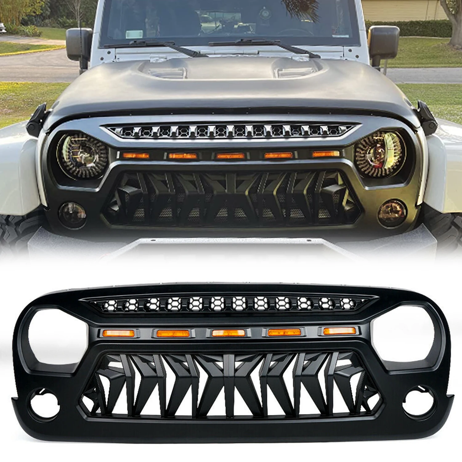 

SXMA JK Grille Front Grille Cover with LED Lights Bulb ABS Black for Jeep Wrangler JK 2007-2017 Rubicon Sahara Sport J394