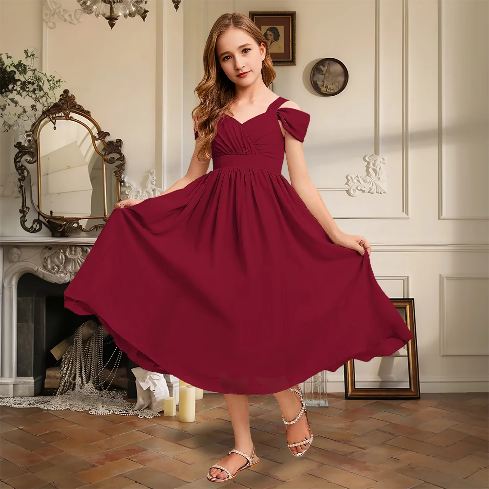 QA Kids A-Line Cold Shoulder Tea-Length Chiffon Junior Bridesmaid Dress Ivory Flower Girl Dress Party Wedding Formal Special