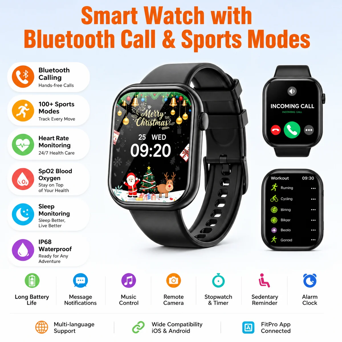 Montre Connectée 2026 1.85" Appel Bluetooth Étanche IP67 Bracelet Intelligent Homme Femme Fitness Fréquence Cardiaque Oxygène Sport