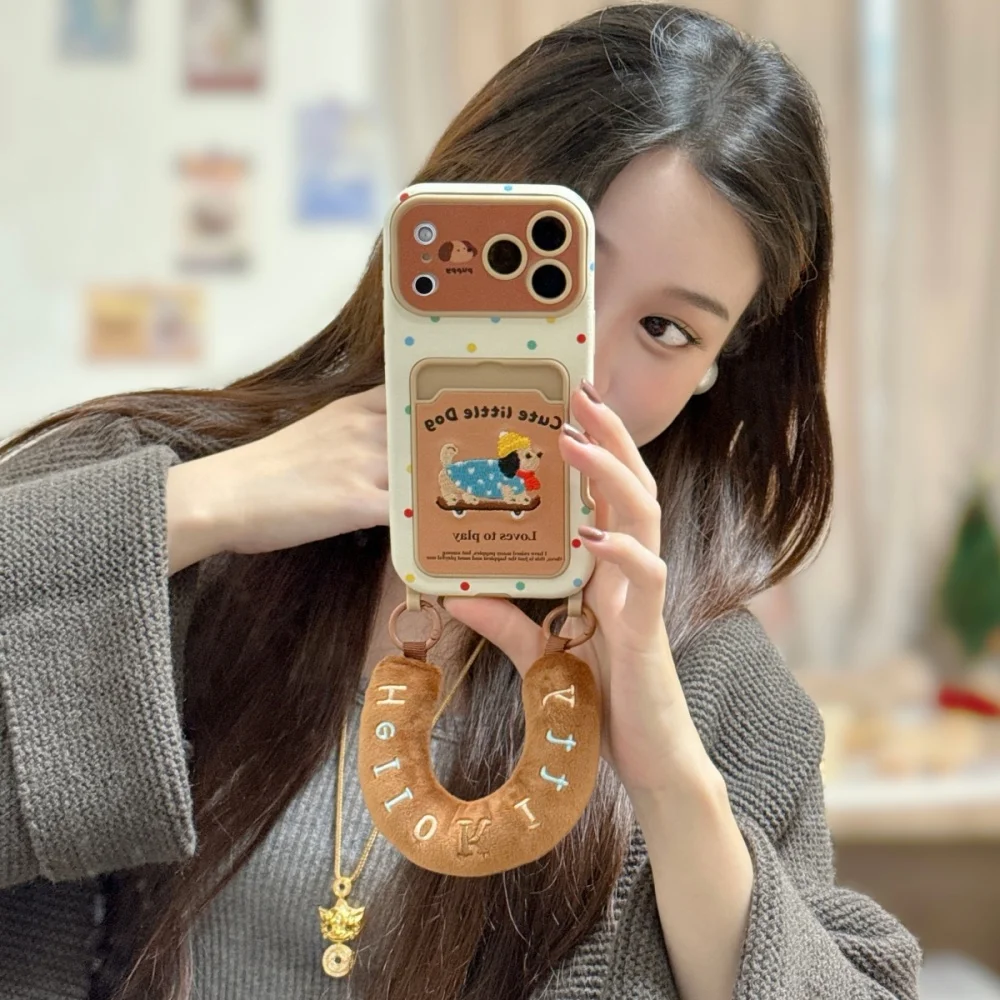 

Cute leather dachshund wristband mobile case, suitable for iPhone 17/14/15/16 Pro Max, Korea INS new shockproof protective case