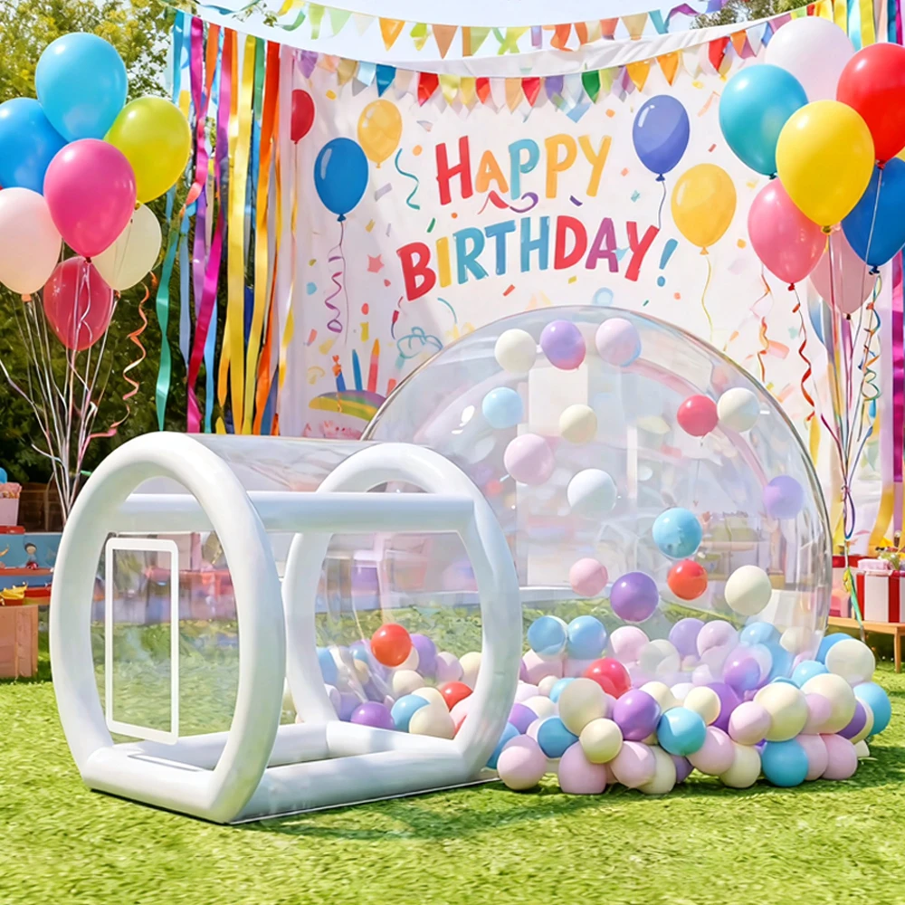 Transparante opblaasbare koepeltent met ballonnen, perfect voor kamperen in de open lucht. Transparant Bubbelhuis, Speciale Aanbieding.