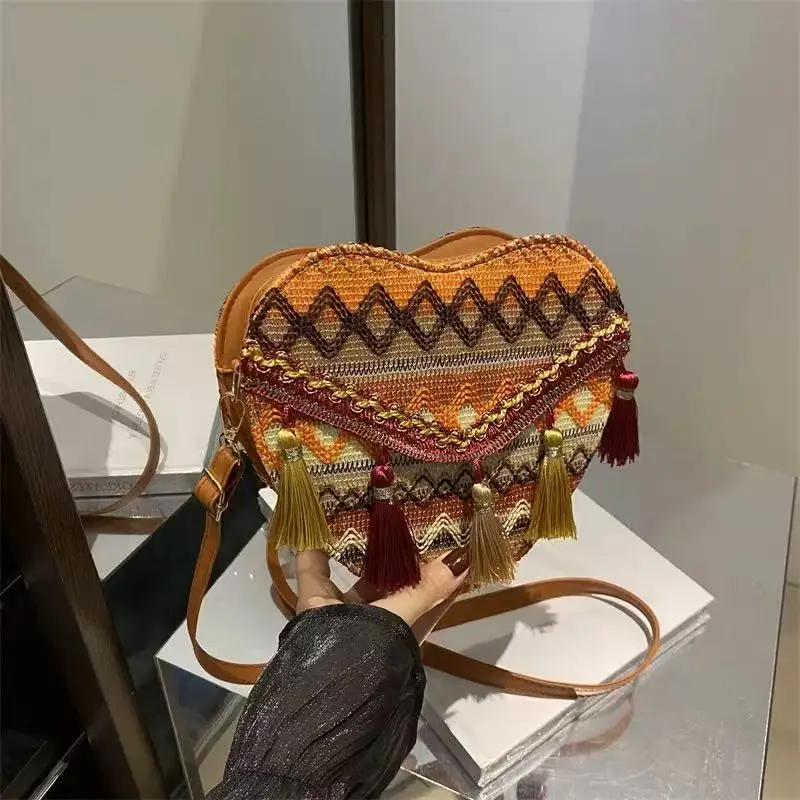 Valentine's Day Heart Shaped Boho Ethnic Woven Crossbody Bag Boho Tassel Fringe Retro Orange Brown Shoulder Purse Women.