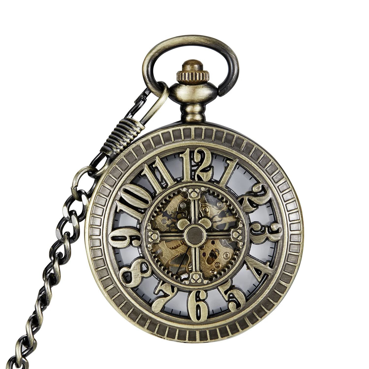 Bronze Hollow Arabic Numerals Design mechanical Pocket Watch Sweater Chain Pendant Necklace Pendant Clock Gifts Men Women