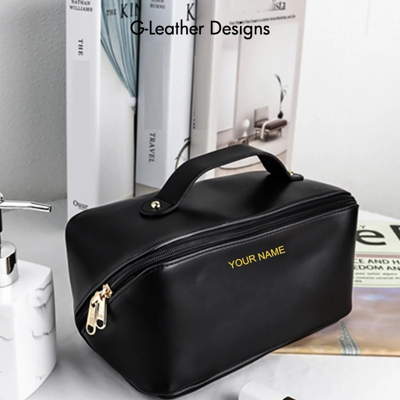 Large Capacity Travel Cosmetic Bag Vegan Leather Makeup Pouch Women Waterproof Bathroom Washbag Toiletry Kit Personalized