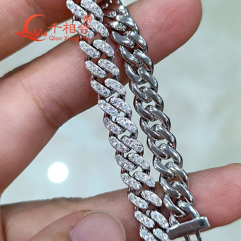 Sterling Silver Bracelet 6mm Width Half Moon with Moissanite Diamond Hip Hop Style Cuban Link Chain 925 Miami Jewelry