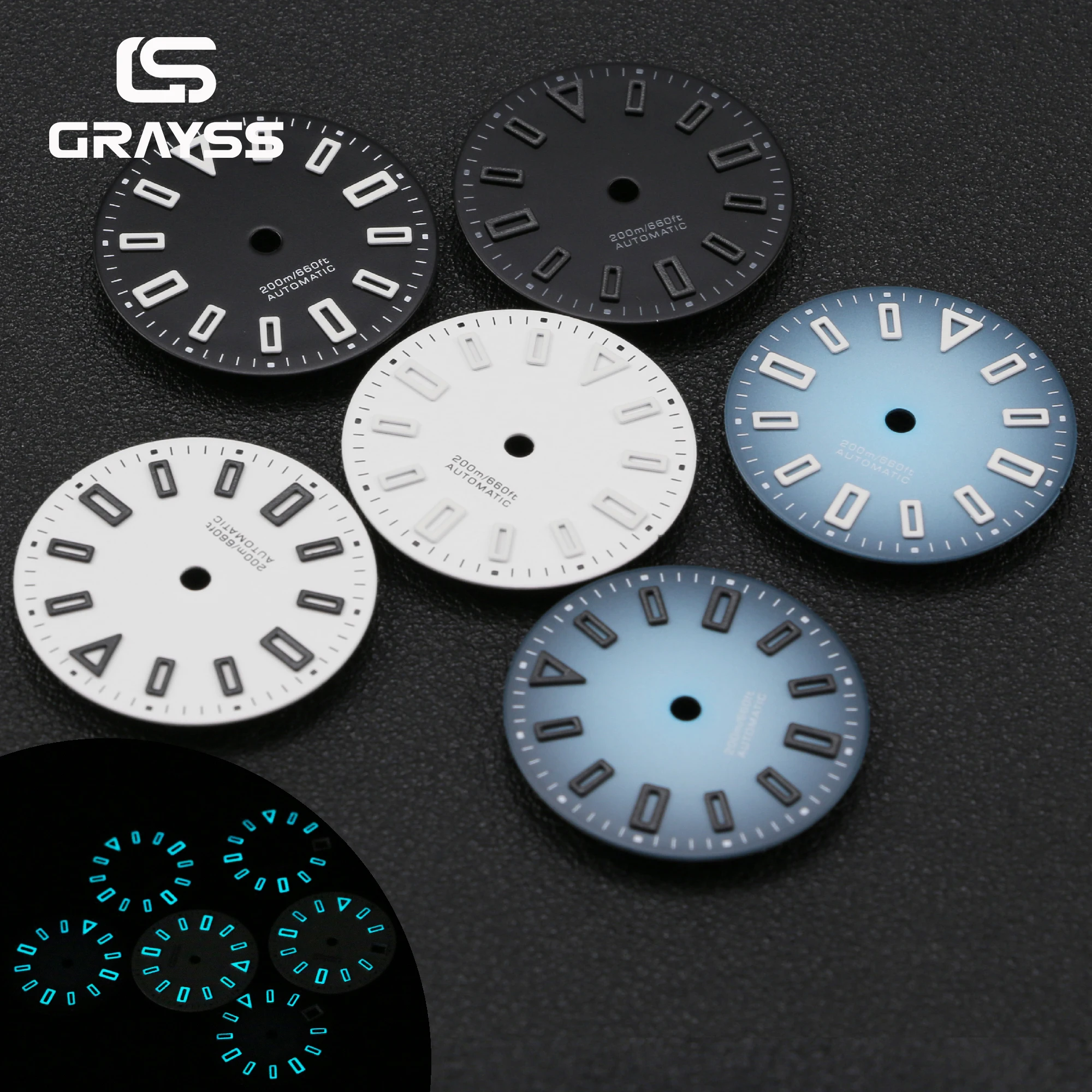GRAYSS Steriles 28,5 mm BGW9 blau leuchtendes Zifferblatt mit hohlen Stundenmarkierungen und Datumsfenster für SKX NH35 PT5000 Miyota 8215 Movemen