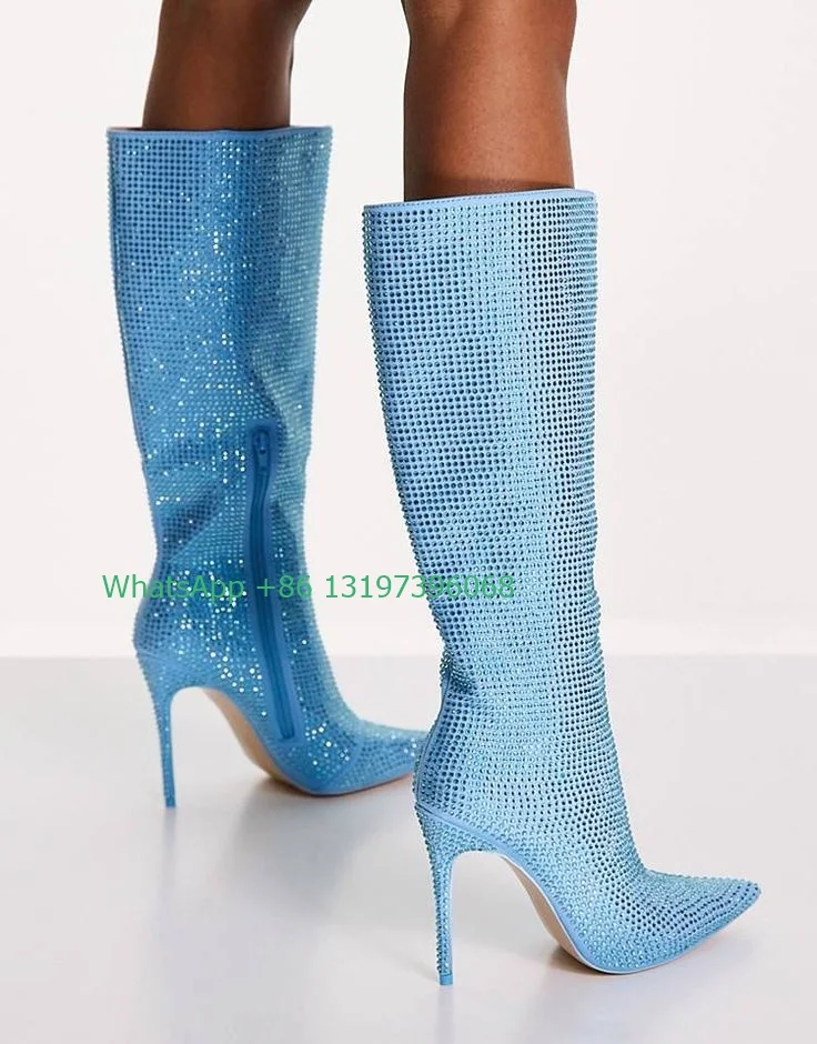 سيدة الأزرق بلينغ حجر الراين أحذية الركبة مثير اللون مشرق أشار تو أحذية T تظهر عالية الكعب فارس أحذية باردة الصيف الربيع الأحذية