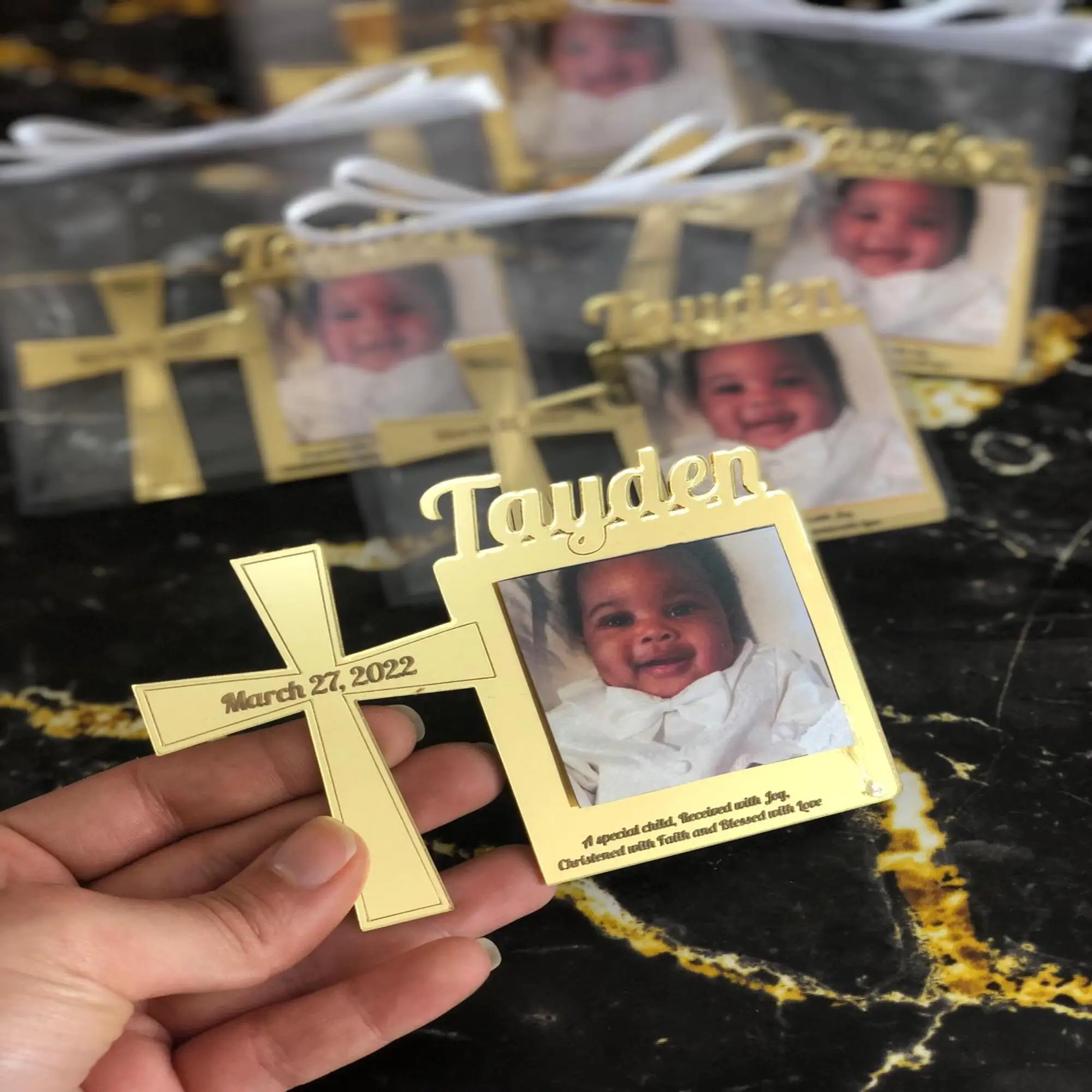 Personalized Baby Photo Frame Baptism Cross Design Frame Gifts Baptism Favor for Guests Custom Gold Silver Gift First Age Teeth