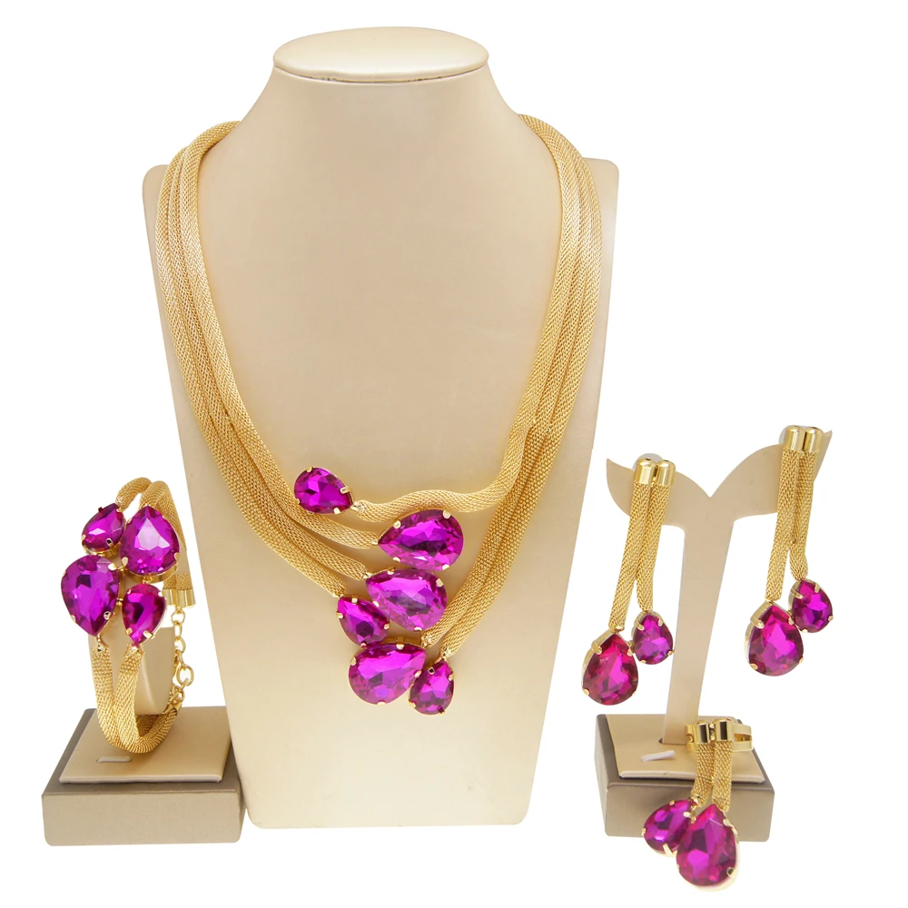 Woman Necklace Jewelry Set Fashionable Brazilian Gold Style Original 24K Gold Plated Purple and Champagne Zircon Pendant SYHOL