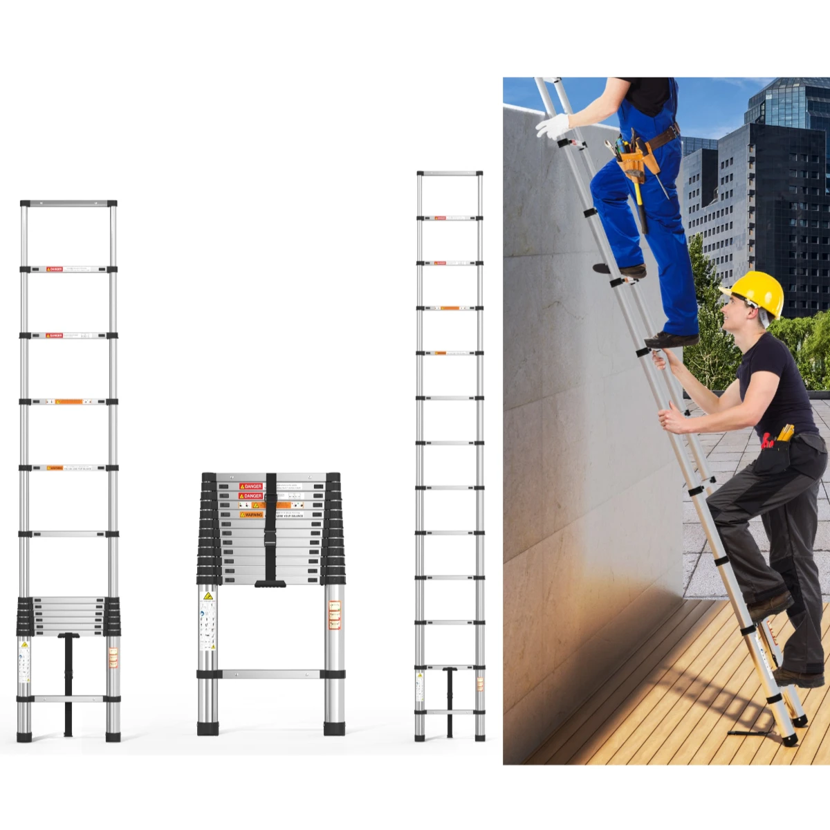 3,8 m Telescopische ladder roestvrijstalen ladder Uitschuifbare, versterkte ladder met hoge sterkte Uitschuifbare ladder met antislipvoeten voor plafondwerk zolder stacaravan 150 kg draagvermogen