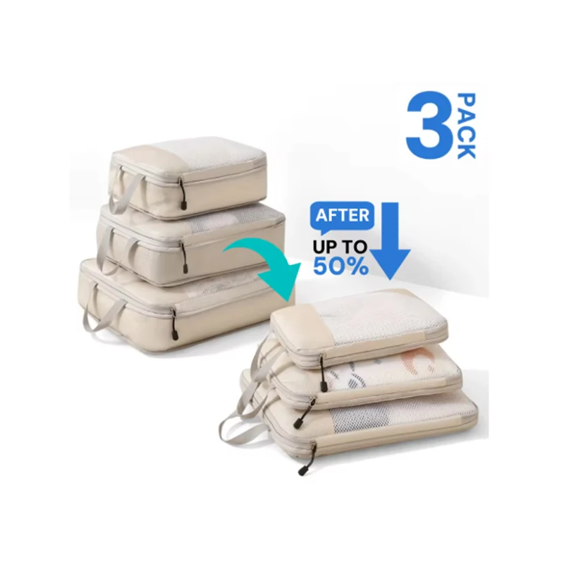 Set of 3 Compressible Packing Travel Storage Bags Cubes Waterproof Suitcase Nylon Portable with Handbag Luggage Organizer