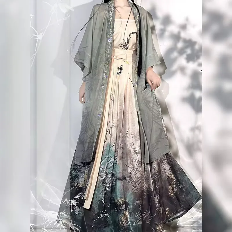 Chinese Hanfu Dress Women Traditional Cosplay Costume Ancient Song Dynasty Summer Printed Camisole+Coat+Skirt Hanfu 3pcs Suit