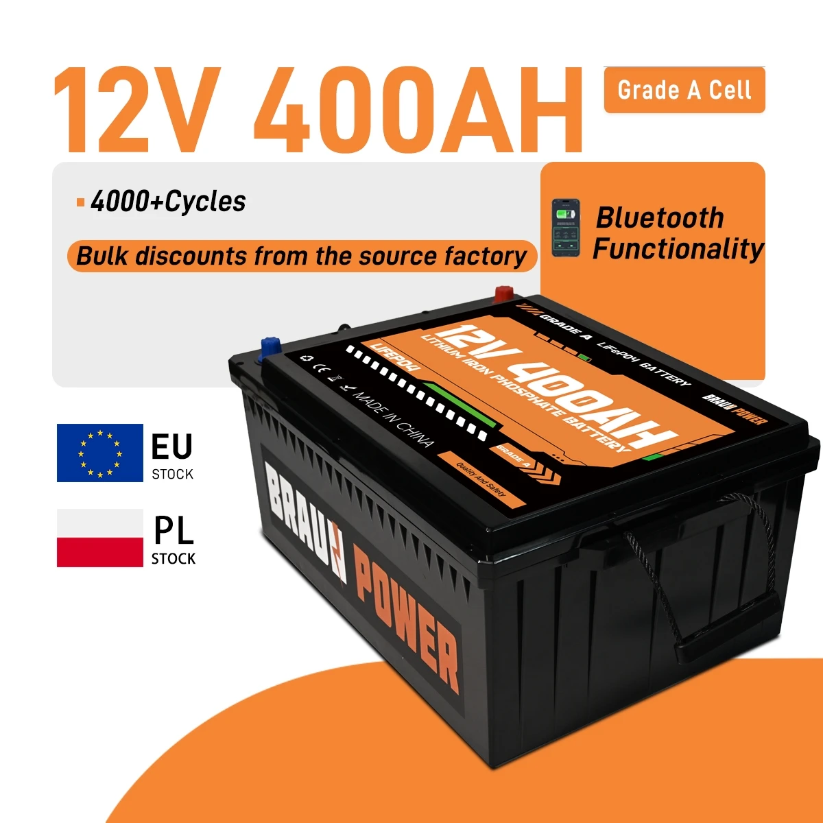Batterie Foursun 12V 400Ah avec BMS Bluetooth intégré, décharge continue de 200A, 4000 cycles, 4800Wh pour le stockage d'énergie solaire pour camping-car